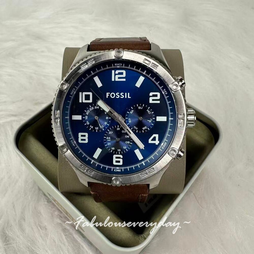 FOSSIL Men's Brox Multifunction Brown Leather Watch 50mm Blue BQ2799 NWT